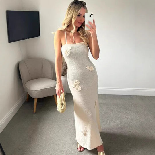 Damen Elegantes Maxikleid mit floralen Applikationen und Spaghetti-Trägern R&B