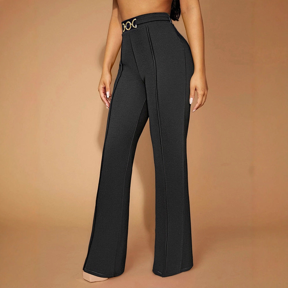 Damen Elegante Hochtaillierte Stoffhose mit diagonalen Nähte und dekorativem Gürtel R&B