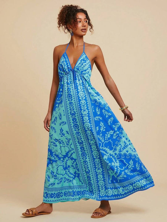 Damen Maxikleid mit tiefem V-Ausschnitt und floralen Musterdetails R&B