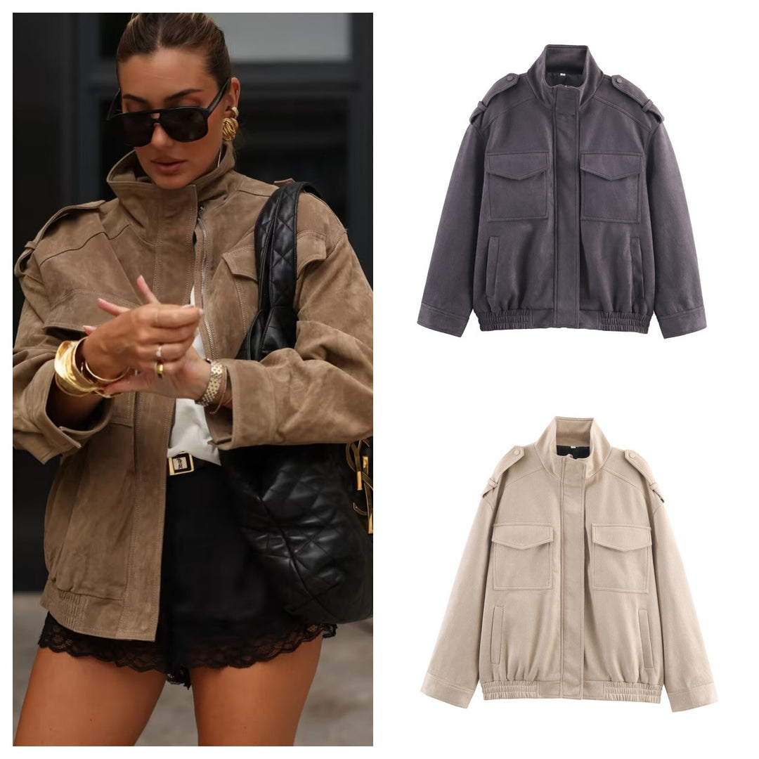 Damen modische Utility-Jacke mit hohem Kragen und praktischen Taschen R&B