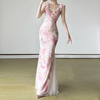 Damen Maxikleid aus transparentem Chiffon mit Rüschendetails und floralem Design R&B