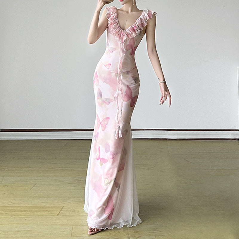 Damen Maxikleid aus transparentem Chiffon mit Rüschendetails und floralem Design R&B