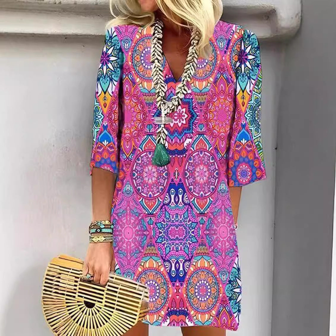 Damen nan kurzes Boho Strandkleid im Mandala-Print mit V-Ausschnitt, dreiviertel-Ärmeln und legerer A-Linie R&B