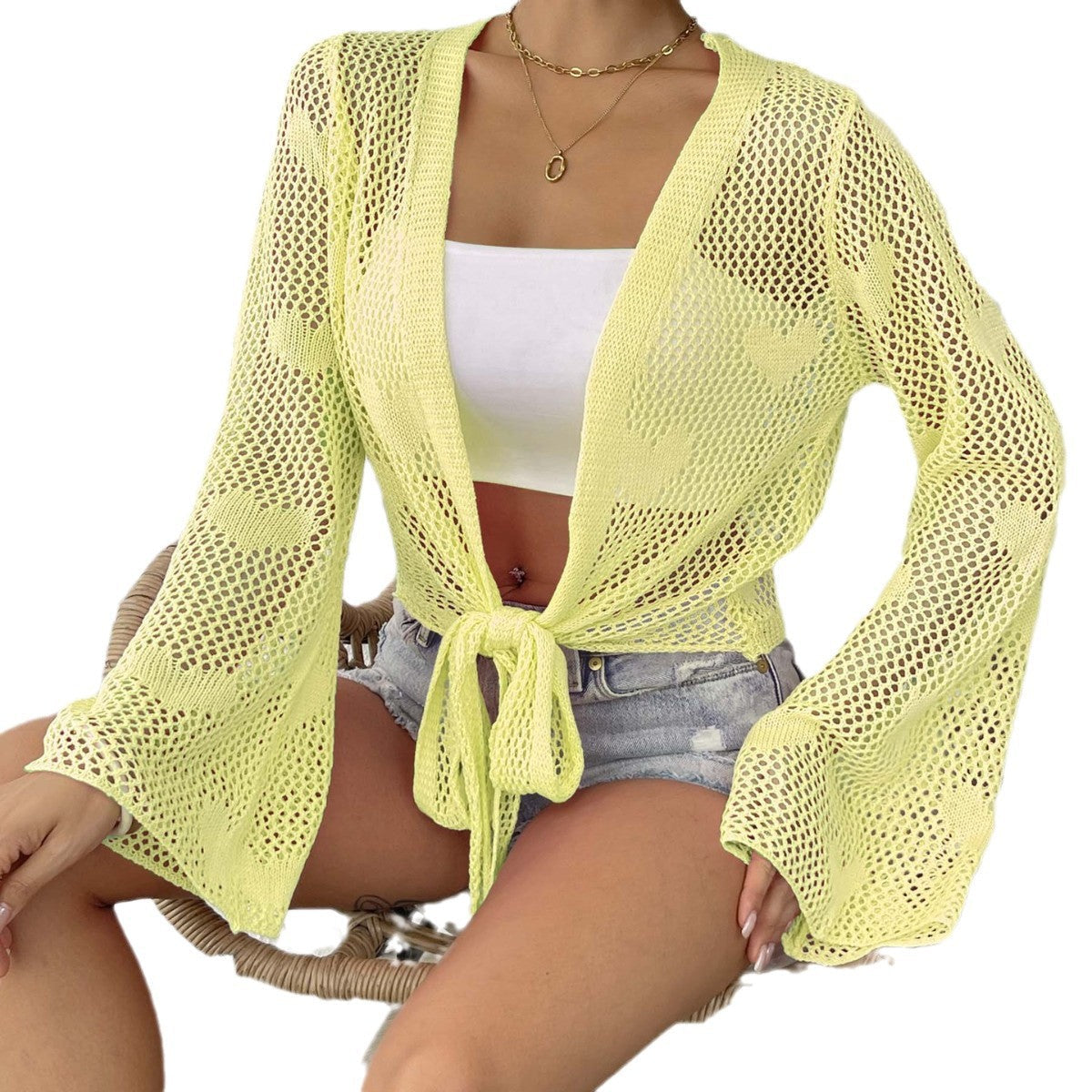 Damen luftiger Strick-Kimono mit offener Front und Kordelzug R&B