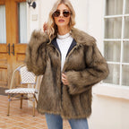 Damen Flauschige Kunstpelzjacke mit Umlegekragen und lockerer Passform R&B