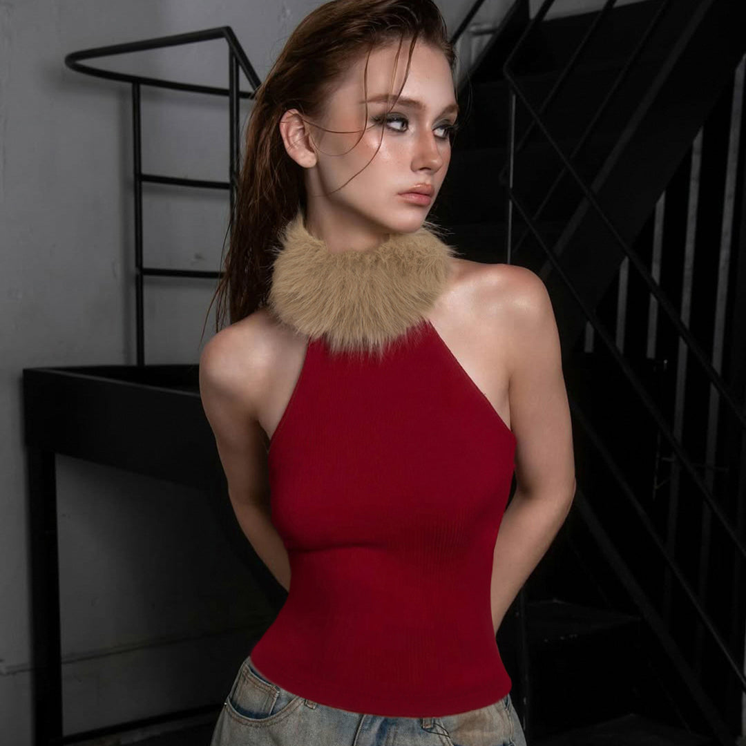 Damen elegantes langes Abendkleid mit raffiniertem Halter-Design und luxuriösem Kunstfellkragen R&B