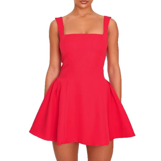 Damen A-Linien Kleid mit quadratischem Ausschnitt und angeschnittenen Taschen R&B