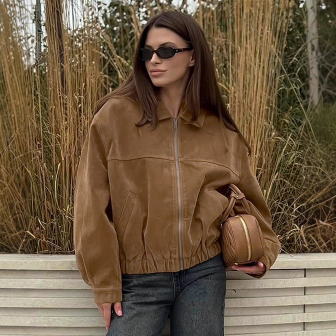 Damen Modische Wildlederjacke mit elastischem Bund und asymmetrischem Kragen R&B