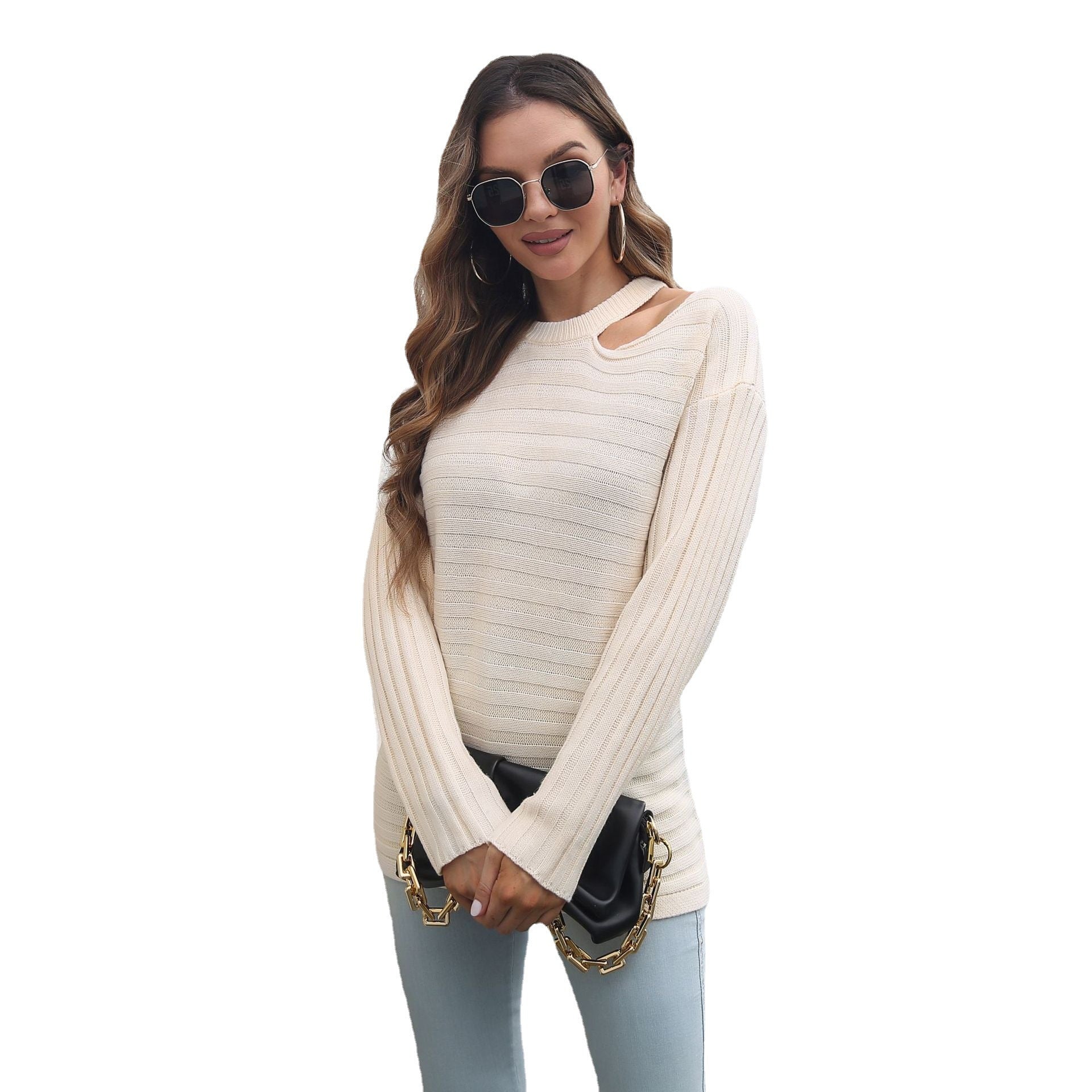 Damen Strickpullover mit innovativem Cut-Out-Design und strukturiertem Muster R&B