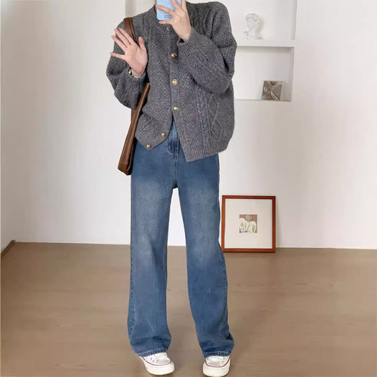 Damen Gemusterte Strickjacke mit goldenen Knöpfen und weitem Schnitt R&B
