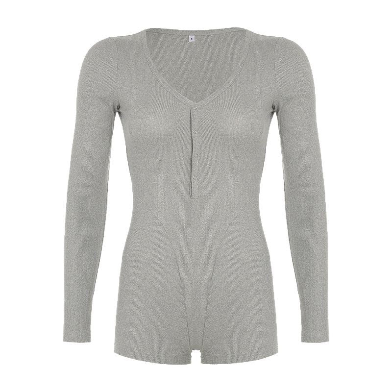 Damen Langarm-Bodysuit mit V-Ausschnitt und Knopfleiste R&B