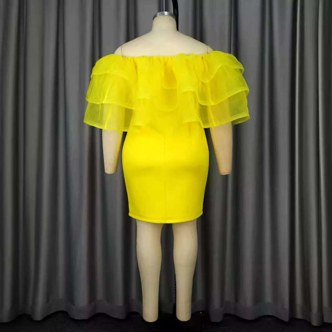 Damen Off-Shoulder-Kleid mit voluminösem Tüllvolant R&B