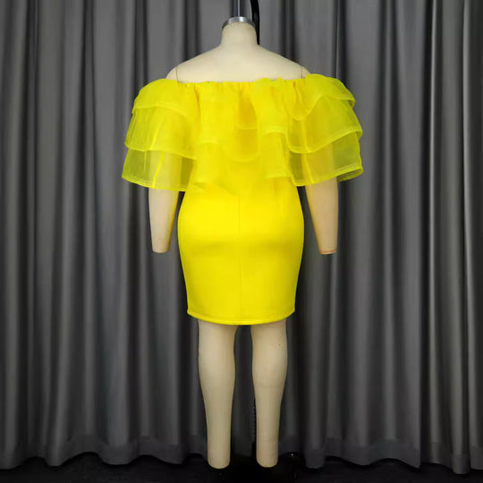 Damen Off-Shoulder-Kleid mit voluminösem Tüllvolant R&B