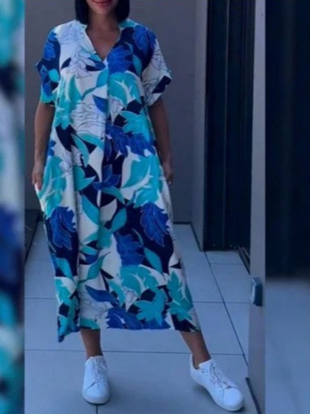 Damen Luftiges Freizeitkleid mit V-Ausschnitt und praktischen Taschen R&B