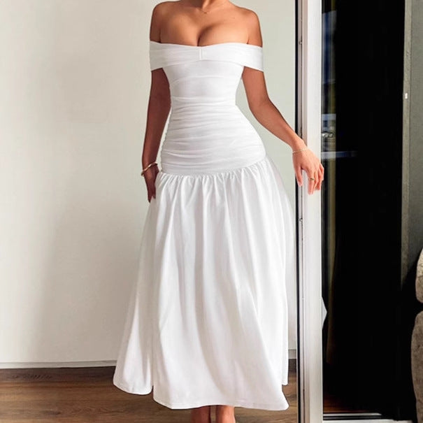 Damen Hochwertiges Off-Shoulder Maxikleid mit tailliertem Schnitt und fließendem Rock R&B