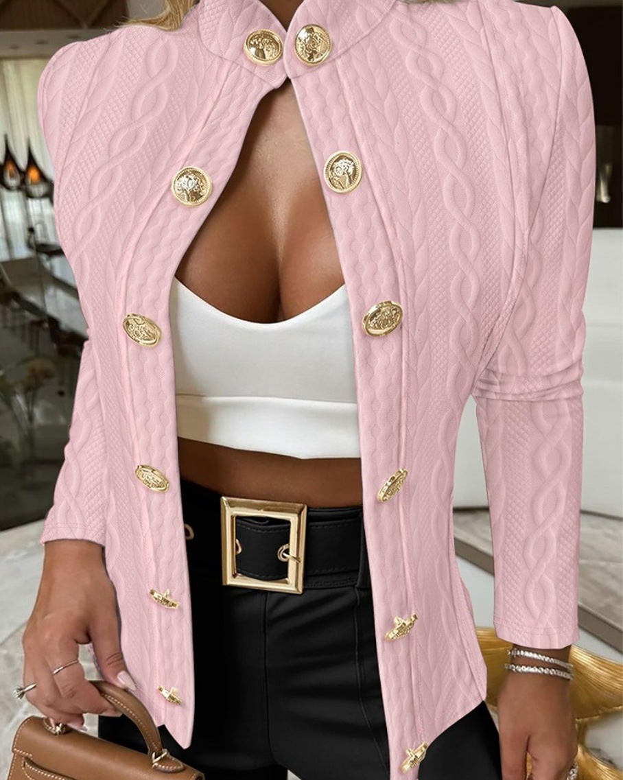 Damen Eleganter Strickblazer mit goldenen Knöpfen und Stehkragen R&B