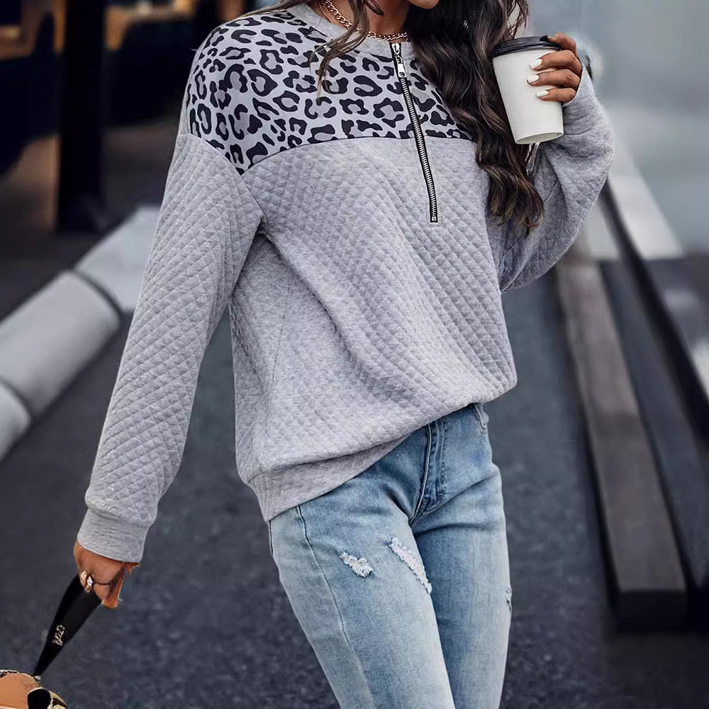 Damen lässiger Sweatpullover mit Tiermuster und Reißverschluss R&B