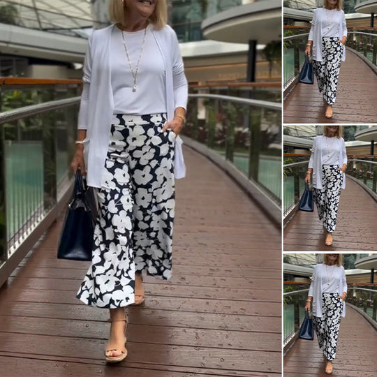 Damen nan weite Palazzohose mit großblumigem Print, hohem Bund und Eingrifftaschen R&B