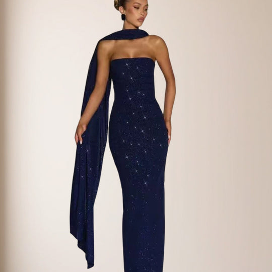 Damen elegantes Abendkleid mit schimmernden Pailletten und schulterfreiem Design R&B