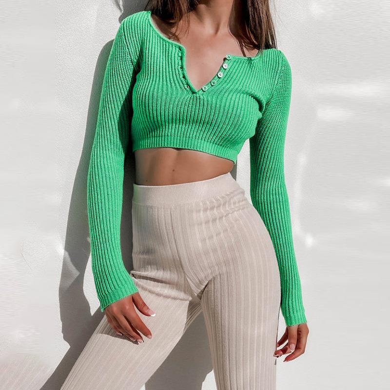 Damen figurbetontes Strick-Crop-Top mit tiefem V-Ausschnitt und Knopfleiste R&B