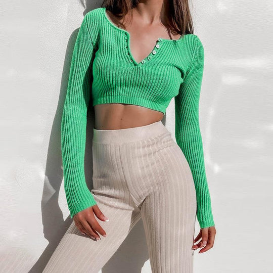 Damen figurbetontes Strick-Crop-Top mit tiefem V-Ausschnitt und Knopfleiste R&B