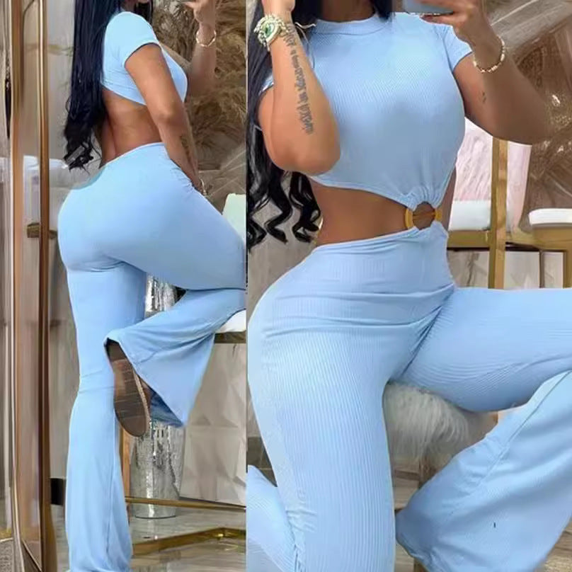 Damen cropped Oberteil mit hochtaillierter Hose im Ripp-Design R&B