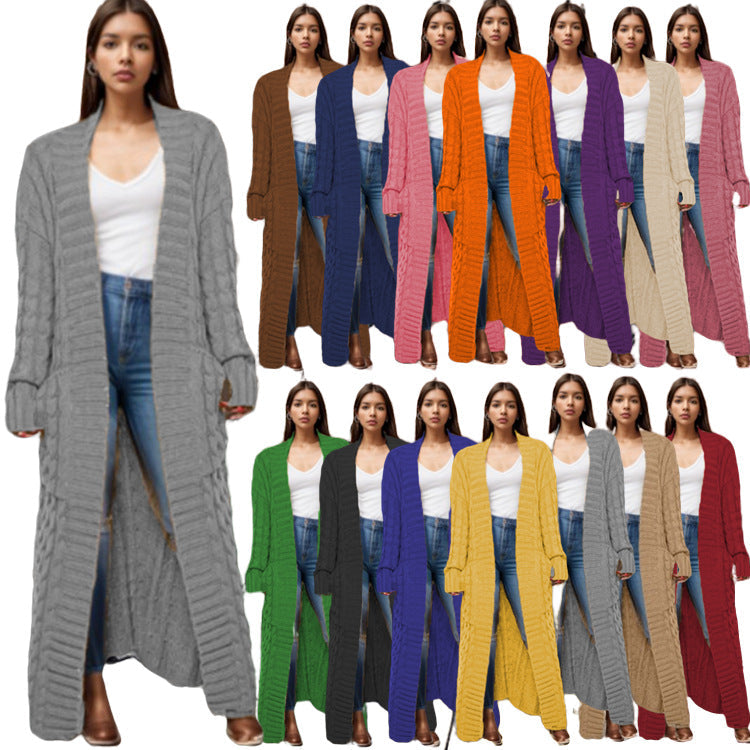 Damen Langer Strickcardigan mit raffiniertem Zopfdesign und praktischen Taschen R&B