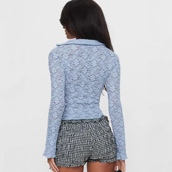 Damen Spitzenbluse mit V-Ausschnitt und floralen Details R&B