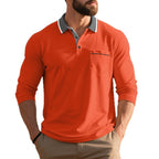 Herren nan langärmeliges Polohemd mit Kontrastkragen, Brusttasche und feinem Baumwollstretch R&B