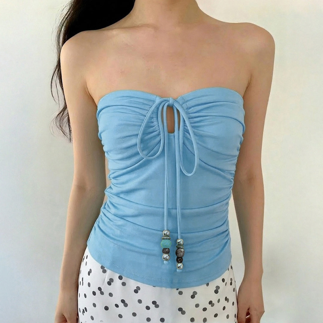 Damen Bustier-Top mit verspieltem Rüschendesign und dekorativen Bindebändern R&B