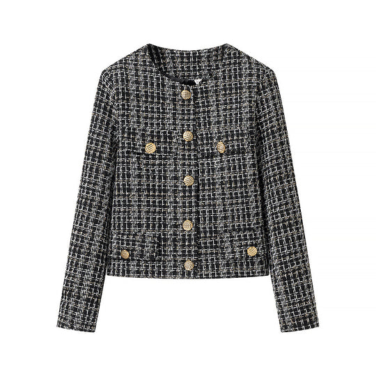 Damen elegante Kurzjacke im modischen Tweed-Stil mit goldenen Knopfdetails R&B