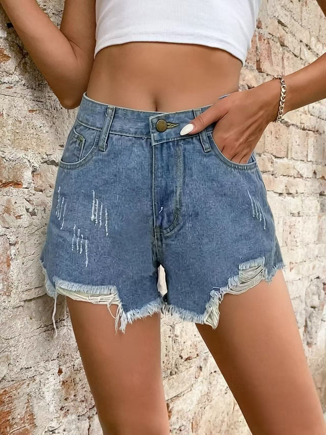 Damen modische Destroyed Denim-Shorts mit fransigem Saum R&B