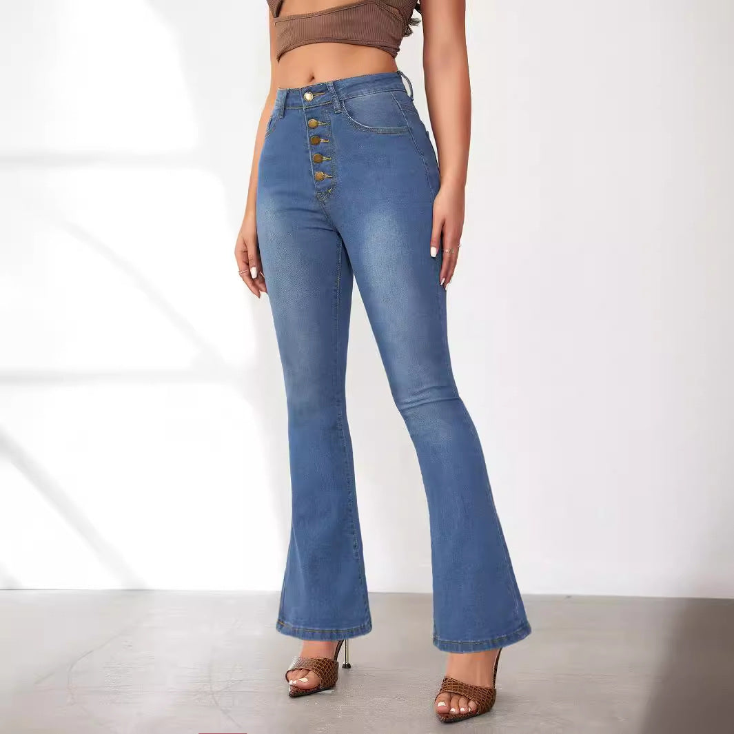Damen Flared Jeans mit hohen Bund und modischen Knopfdetails R&B