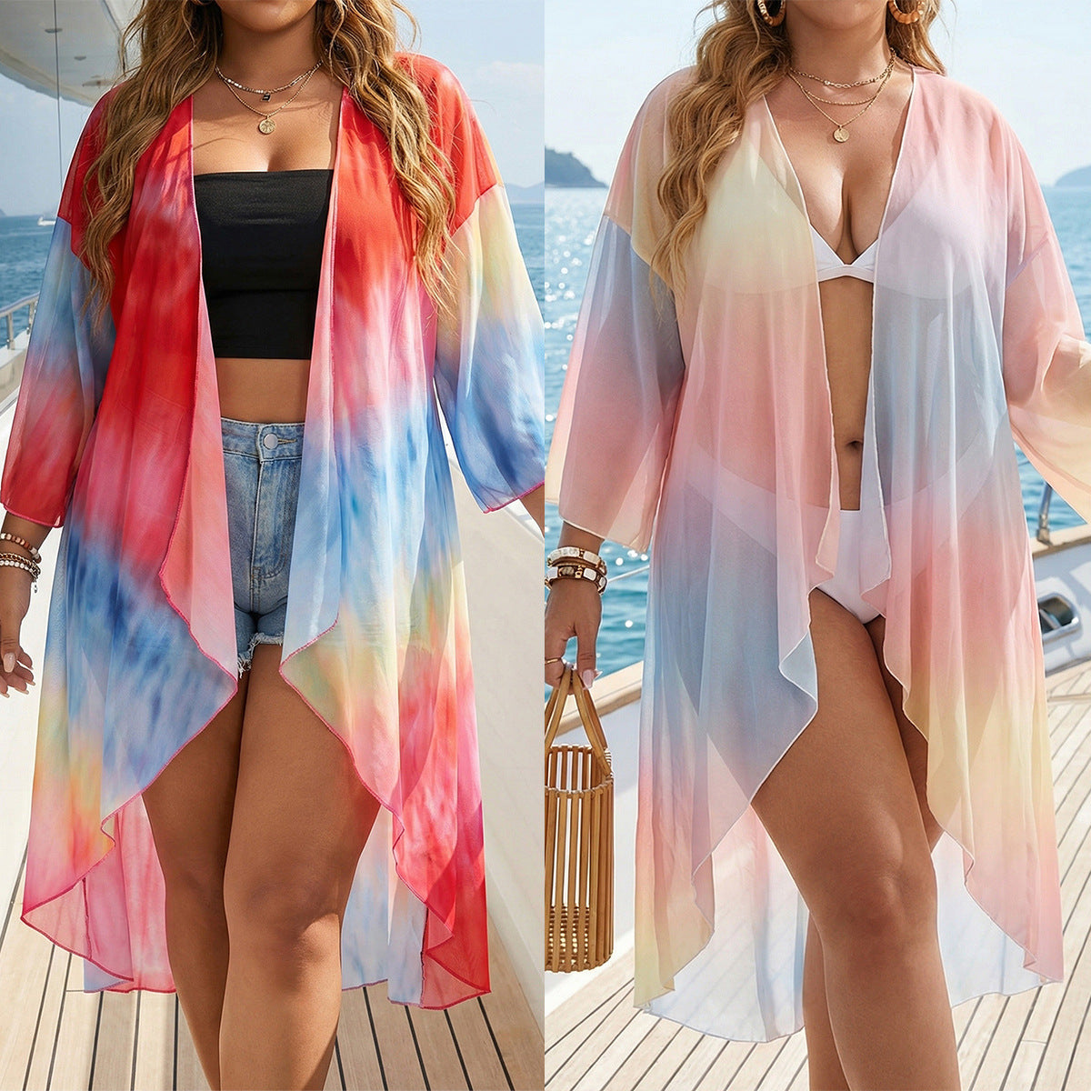 Damen transparenter Strandkimono mit trendigem Ombre-Design R&B