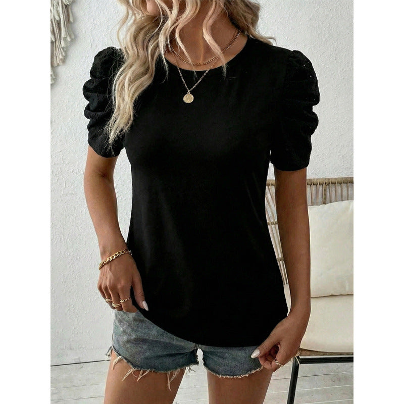 Damen T-Shirt mit Puffärmeln und Spitzenapplikationen R&B