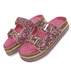 Damen Glitzernde Plateau-Sandalen mit Doppelschnalle und mehrfarbigem Boden R&B