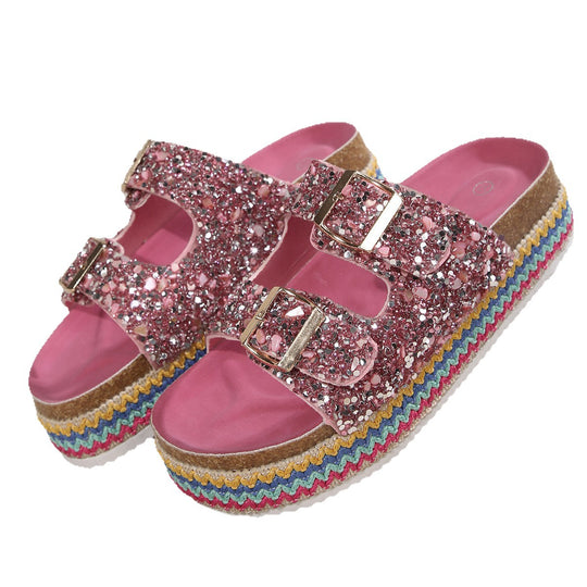 Damen Glitzernde Plateau-Sandalen mit Doppelschnalle und mehrfarbigem Boden R&B