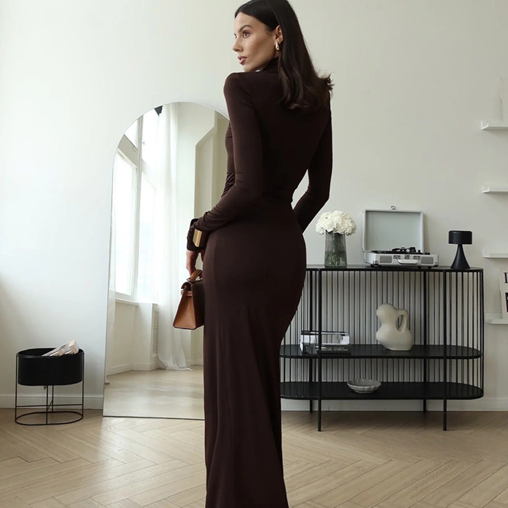 Damen Maxi-Kleid mit strukturiertem Wickeldesign und hohem Schlitz R&B