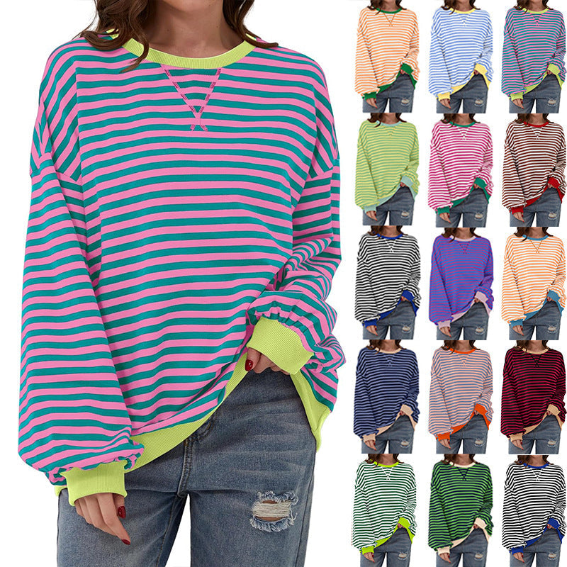 Damen lässiger Oversized Sweatshirt mit bunten Streifen und Kapuzenkordel R&B