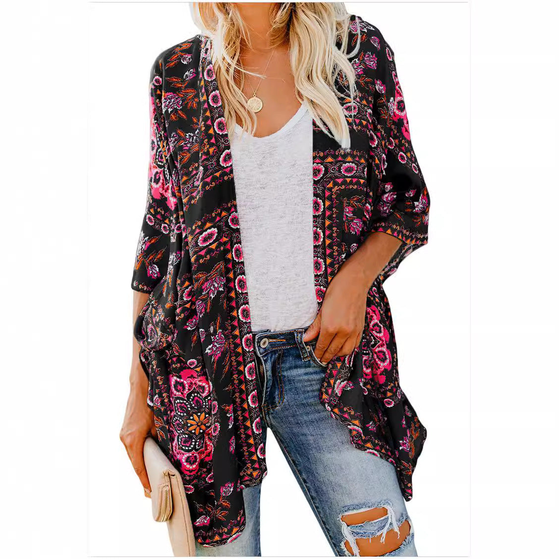 Damen luftiger Kimono mit floralem Muster und weitem Schnitt R&B