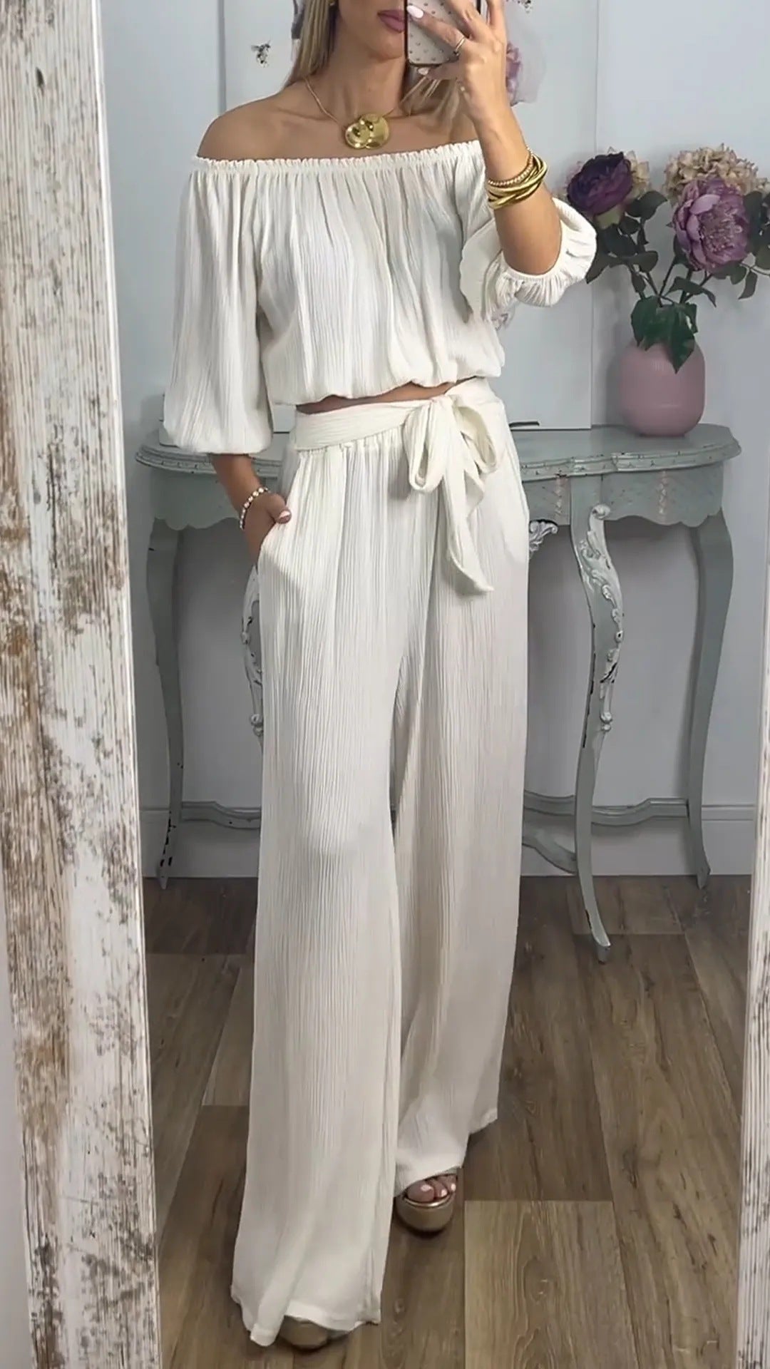 Damen Off-Shoulder Set mit weitem Hosen und taillierbarem Oberteil R&B