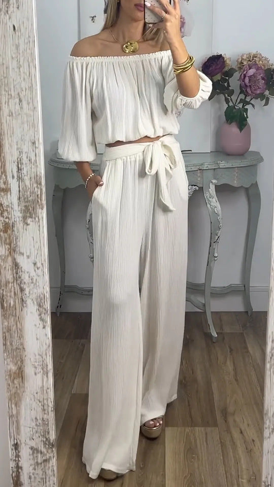 Damen Off-Shoulder Set mit weitem Hosen und taillierbarem Oberteil R&B