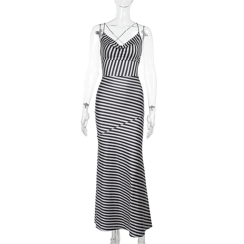 Damen Streifen-Maxi-Kleid mit elegantem Schnitt und verstellbaren Trägern R&B