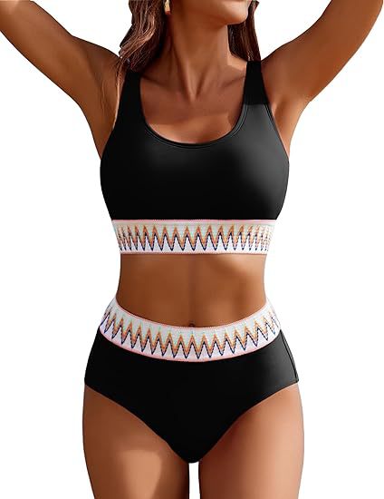 Damen Hochgeschnittener Sport-Bikini mit farbigem Bund R&B