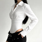 Damen eleganter Bodysuit mit feinem Kragen und Knopfdetails R&B