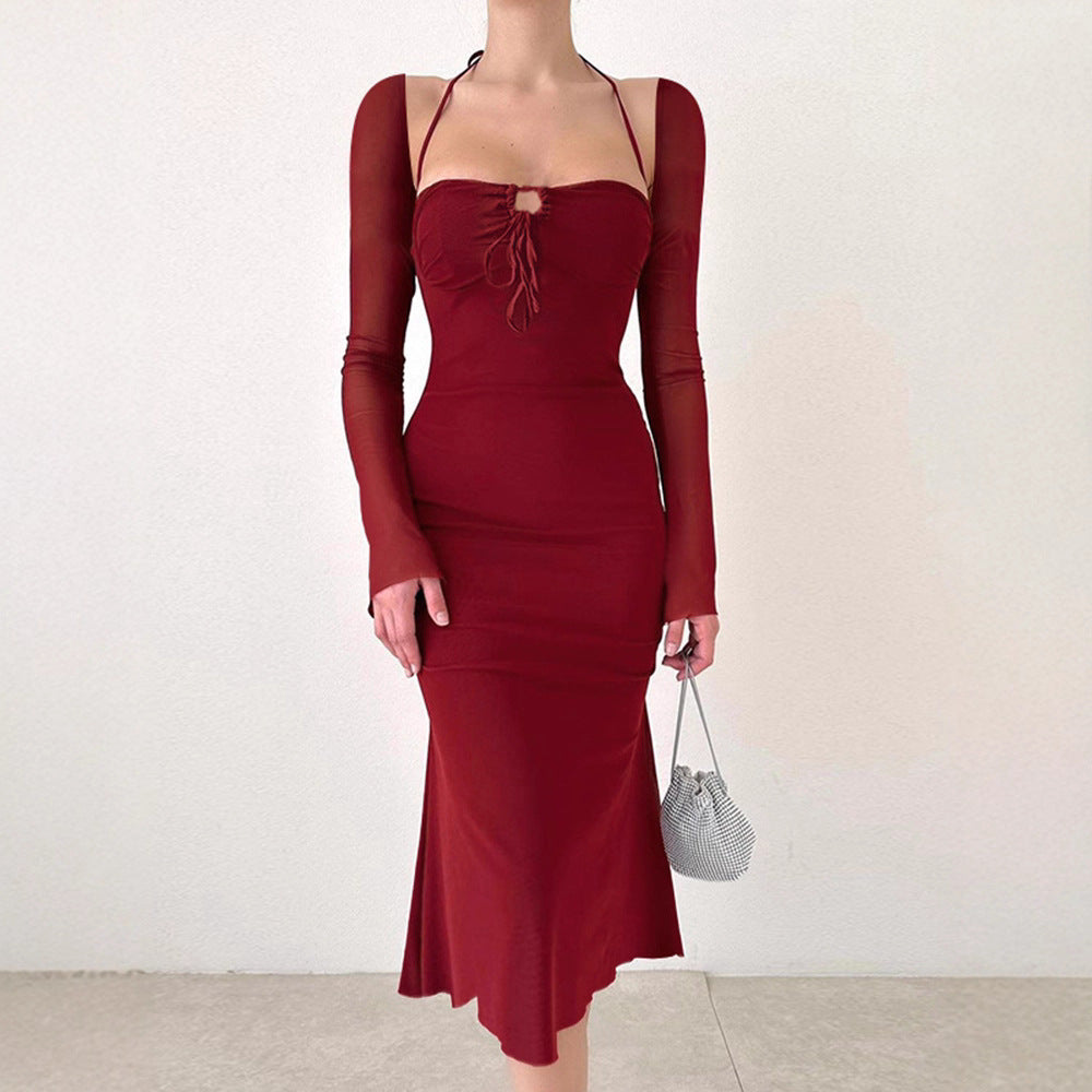 Damen figurbetontes Elegantes Kleid mit langen Ärmeln und raffiniertem Ausschnitt R&B