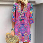 Damen Blusenkleid mit buntem mandala-inspiriertem Design und V-Ausschnitt R&B