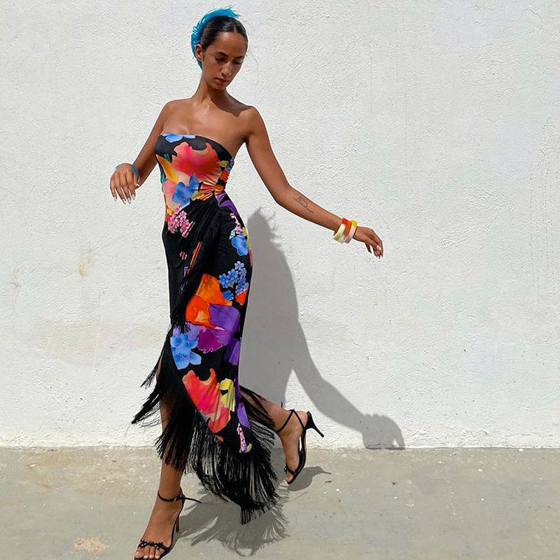 Damen Cocktailkleid mit raffinierten Fransen und floralem Print R&B