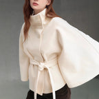 Damen moderne Cape-Jacke mit abnehmbarem Gürtel und hohem Kragen R&B