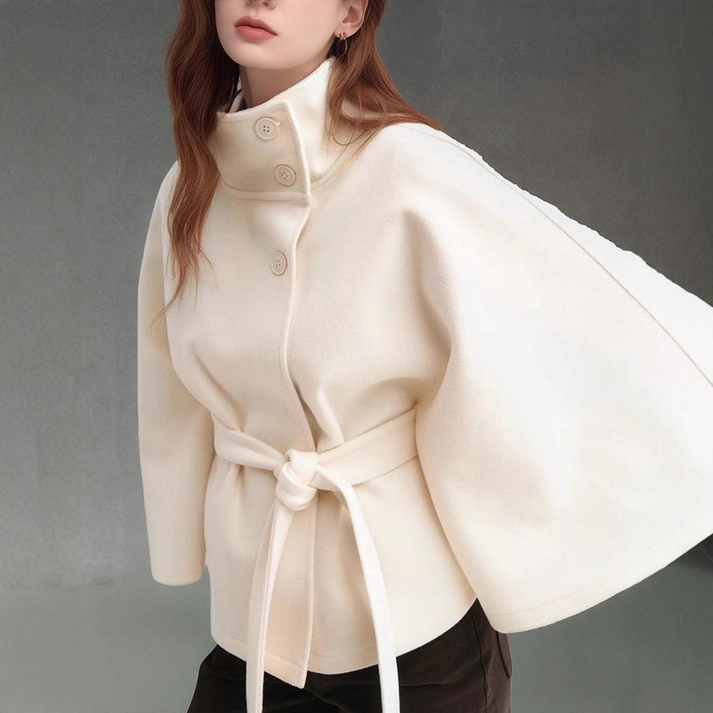 Damen moderne Cape-Jacke mit abnehmbarem Gürtel und hohem Kragen R&B